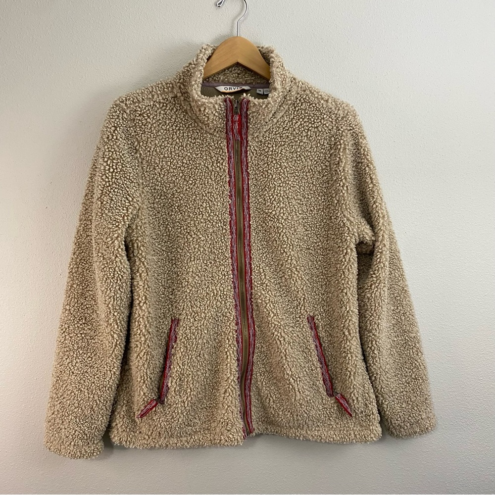 Orvis Sherpa Fleece Lined Full Zip Jacket Red Zipper Trim Beige Tan Medium